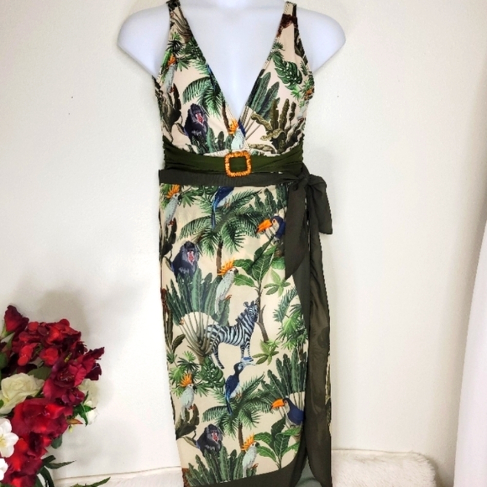 IDOPIP Tropical Print Green and Beige SWIMSUIT with sarong.